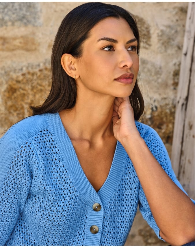 Cotton Mesh Button Neck Top