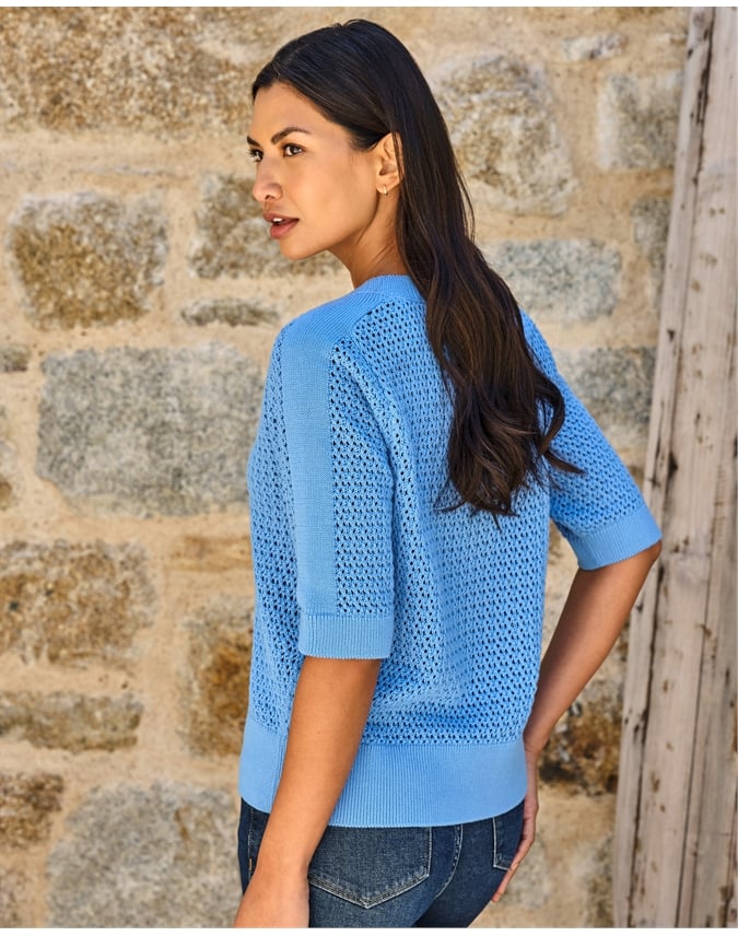 Cotton Mesh Button Neck Top