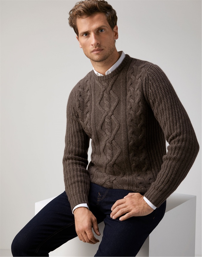 Espresso | Mens Cashmere Luxury Cable Sweater | Pure Collection