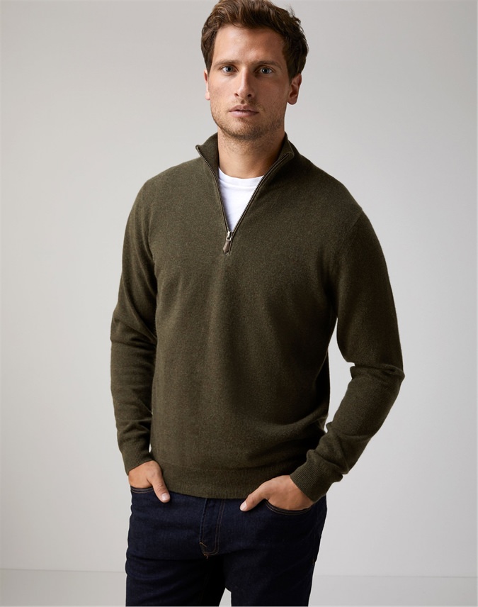 Army Green | Mens Cashmere Zip Neck Sweater | Pure Collection