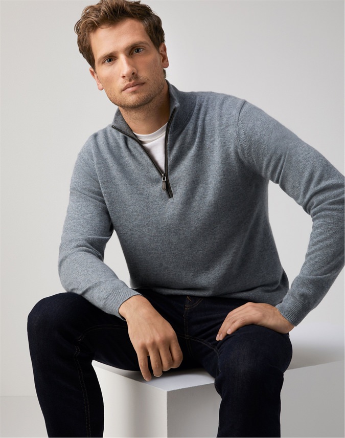 Storm | Mens Cashmere Zip Neck Sweater | Pure Collection