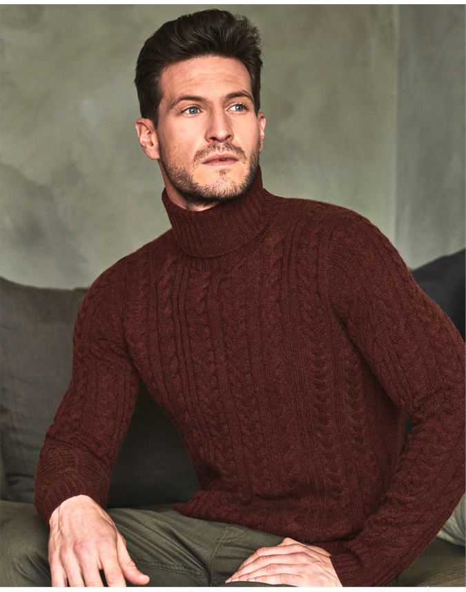 Mens Chunky Cable Roll Neck Sweater 