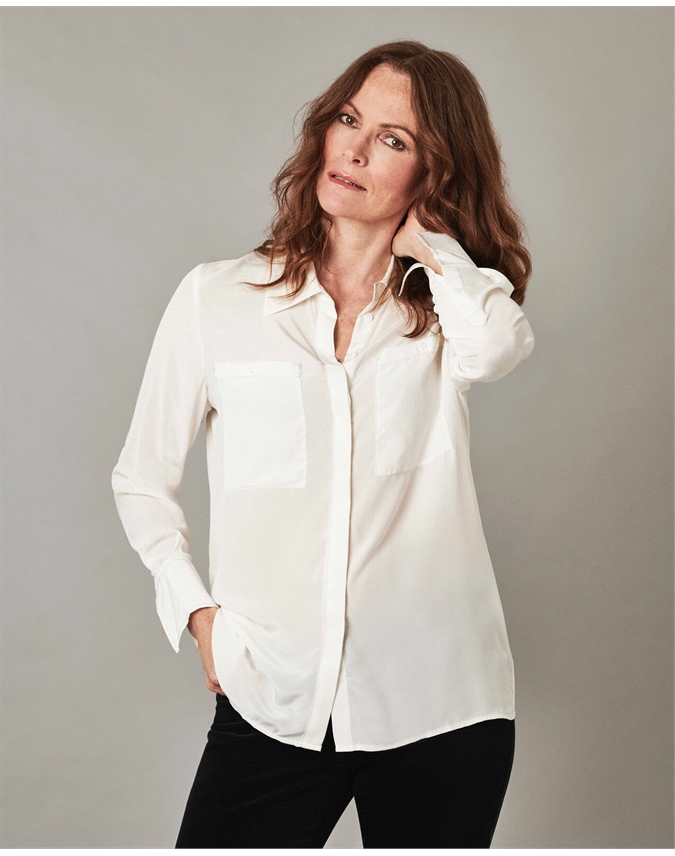 Ivory/Pale Grey | Silk Contrast Stitch Relaxed Blouse | Pure Collection