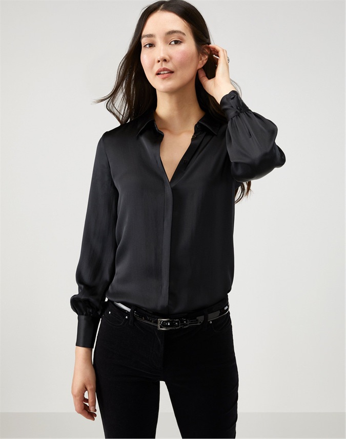 Черная атласная блузка с чем носить