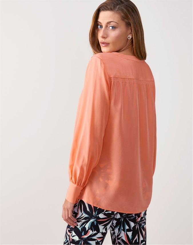 Peach Coral | Silk V Neck Blouse | Pure Collection