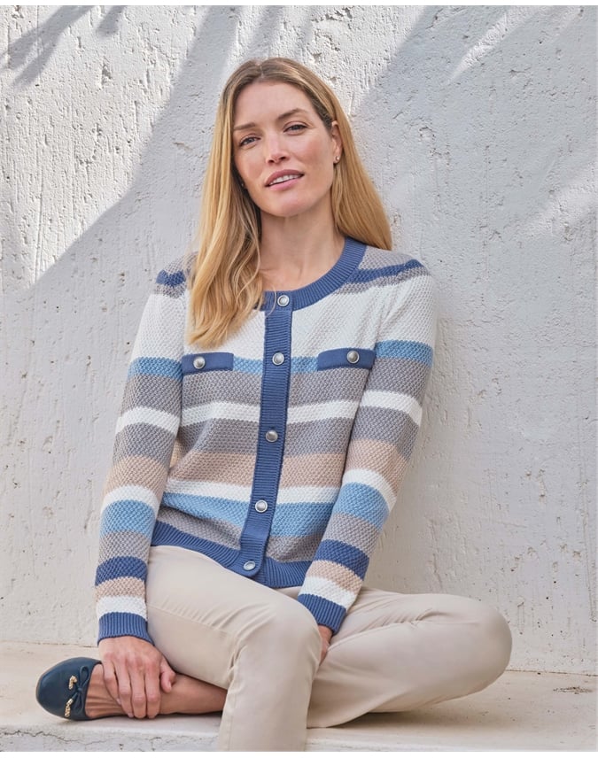 Cotton Striped Textured Crew Cardigan