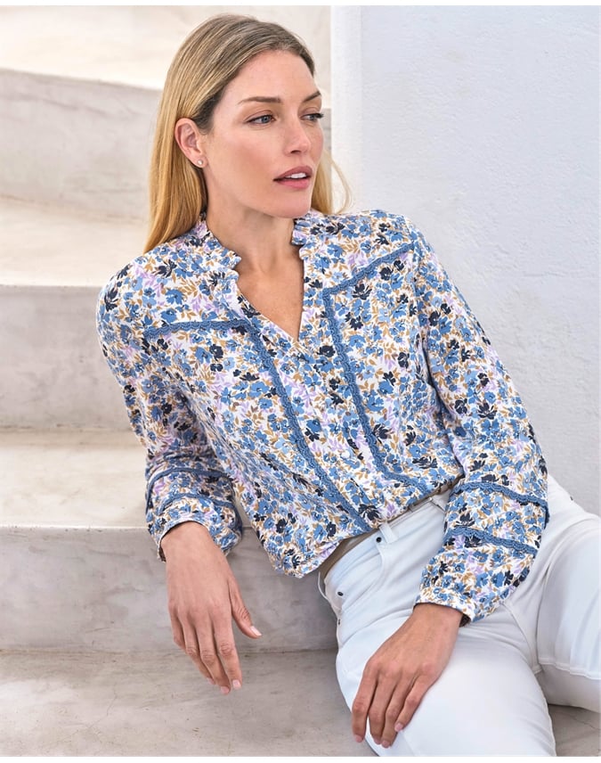 Lace Trim Printed Jersey Blouse
