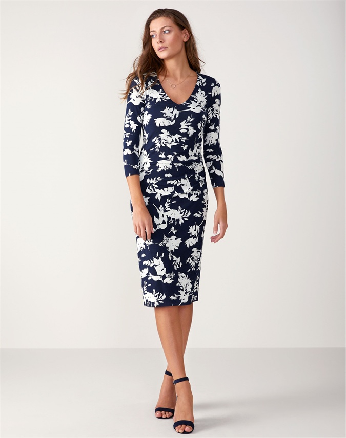 Navy Floral Print | V Neck Jersey Wrap Dress | Pure Collection