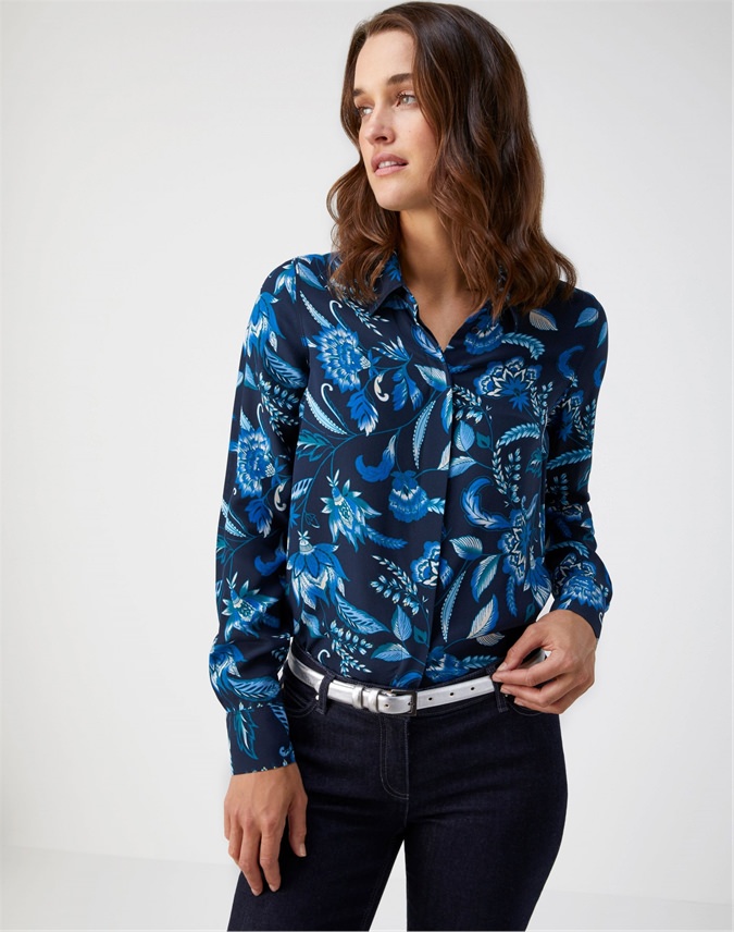 Opulence Navy Floral | Washed Silk Relaxed Blouse | Pure Collection