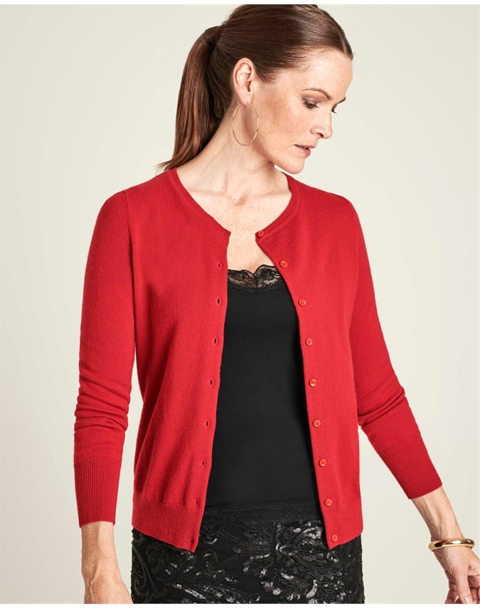 Cherry Red Cashmere Crew Neck Cardigan Pure Collection