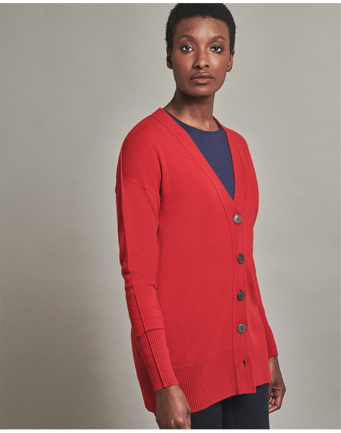 Cherry Red | Cashmere Ribbed Trim Boyfriend Cardigan | Pure Collection