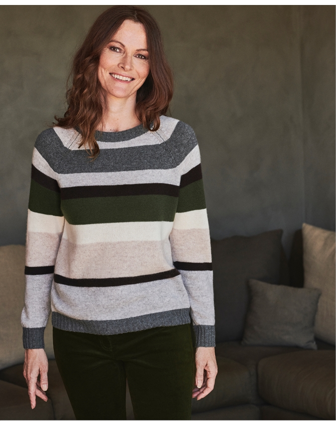 Khaki Stripe | Cashmere Lofty Sweatshirt | Pure Collection