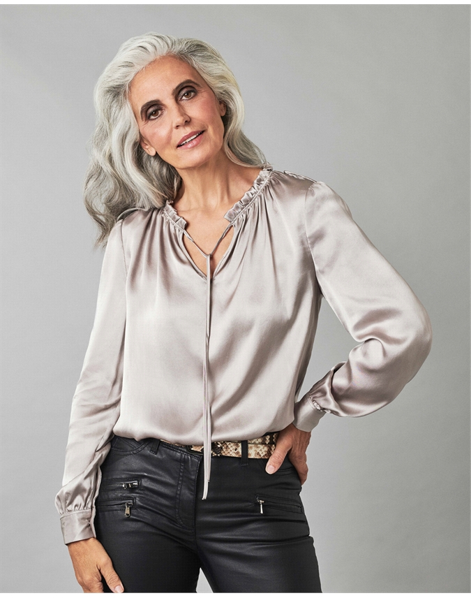 Dark Silver | Silk Satin Utility Blouse | Pure Collection