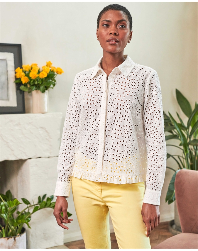 Ivory | Broderie Anglaise Crop Frill Shirt | Pure Collection