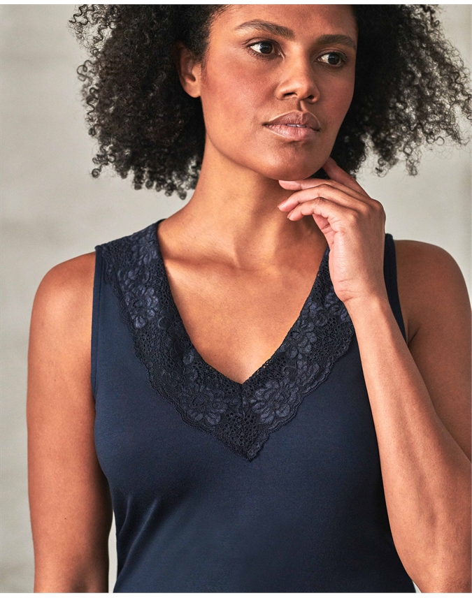 French Navy | Lace Jersey V Neck Vest | Pure Collection