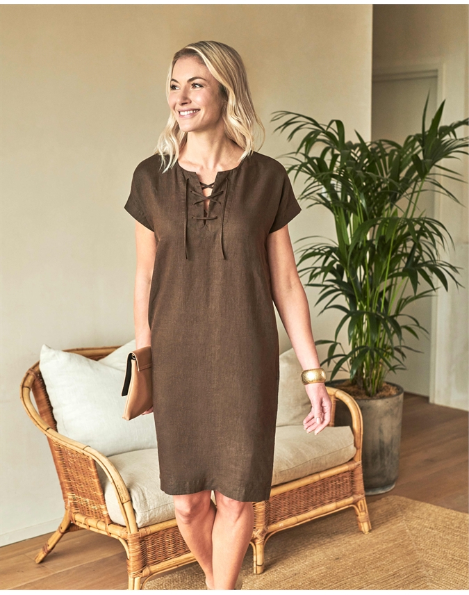 Laundered Linen Laced Neck Dress
