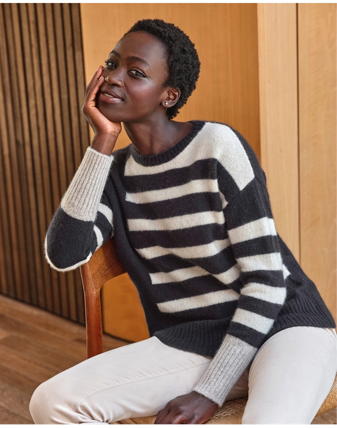 Wool Cashmere Fluffy Block Stripe Sweater