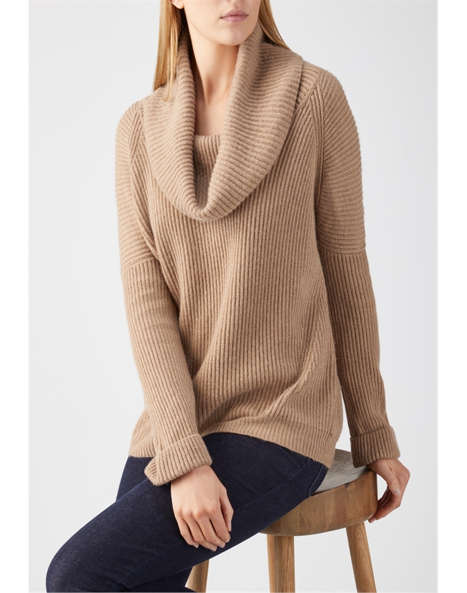 Soft Walnut | Toccato Ribbed Cowl Neck Sweater | Pure Collection