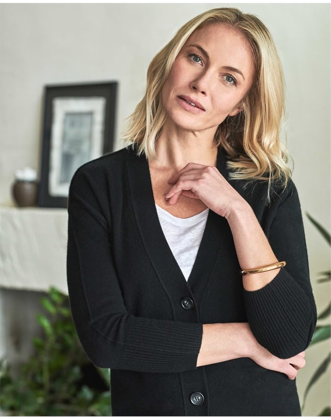 Ribbed Cashmere Trim Boyfriend Cardigan