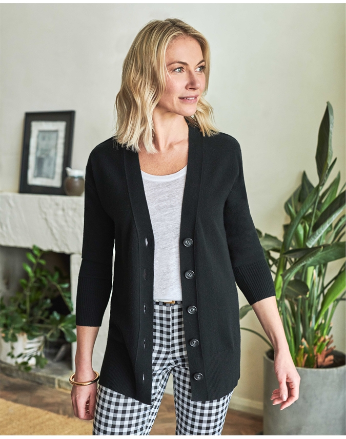 Black Ribbed Cashmere Trim Boyfriend Cardigan Pure Collection