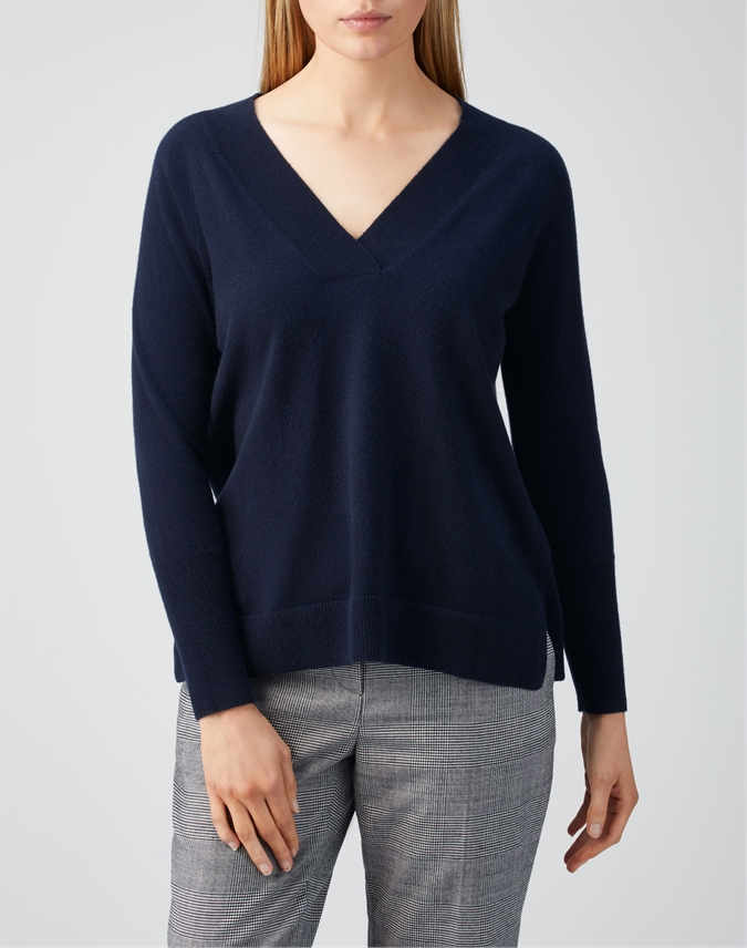 Navy | Cashmere Wide V Neck Sweater | Pure Collection