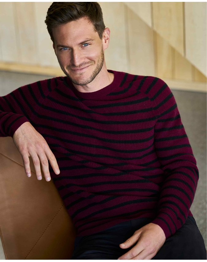 Merlot/Black Stripe | Mens Cashmere Merlot Striped Sweater | Pure ...