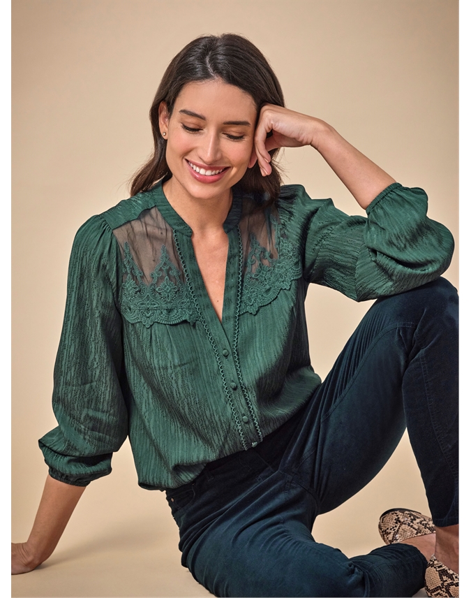 Notch Neck Lace Trim Blouse