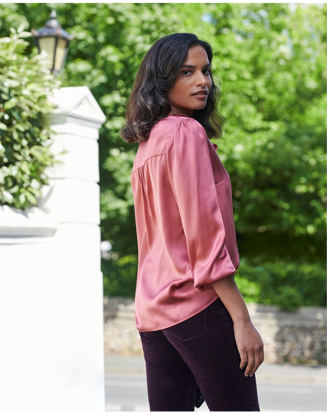 Women's Ruffle Front Silk Shirt In Fuchsia Pink