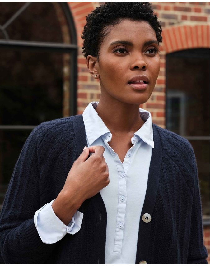 Navy Cashmere Rib Detail V Neck Cardigan Pure Collection