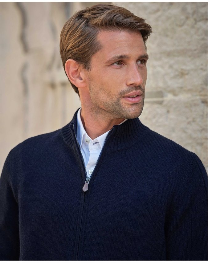 Wool Cashmere Ribbed Zip Through Cardigan
