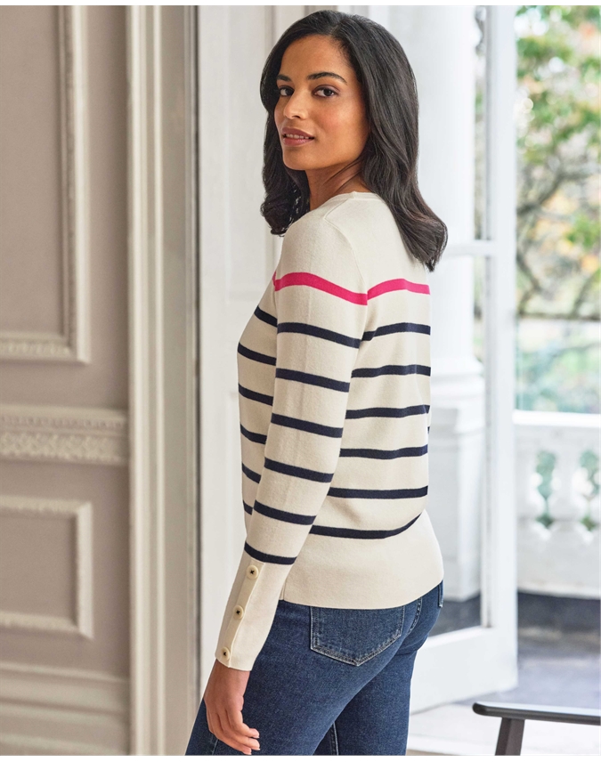 Cotton Wool Striped Button Sleeve Sweater