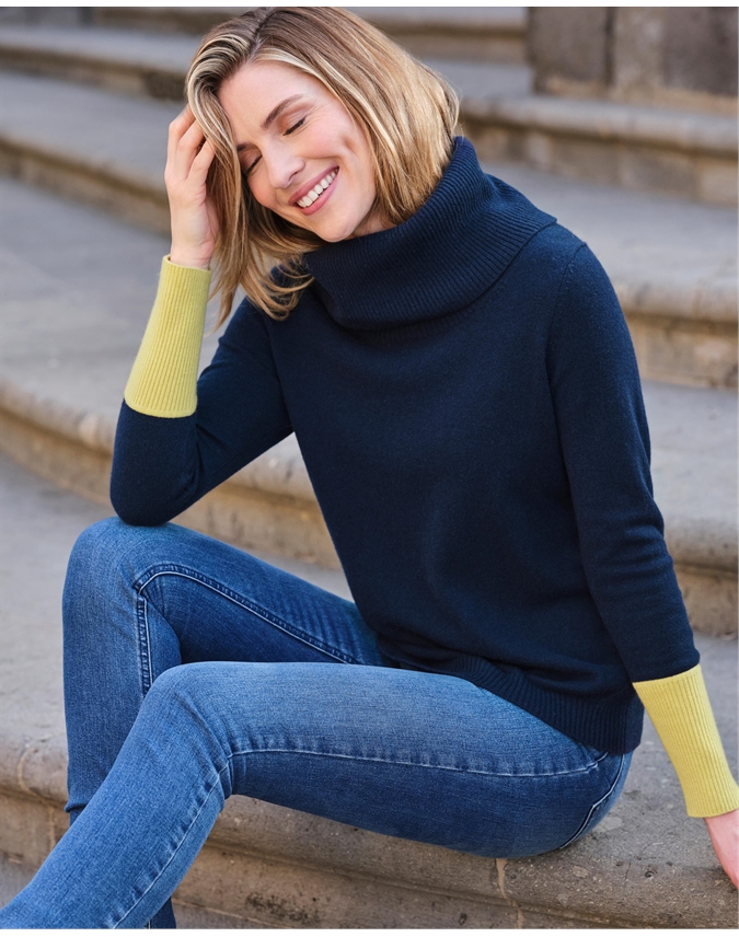 Navy/Chartreuse, Contrast Cuff Cashmere Cowl neck Jumper