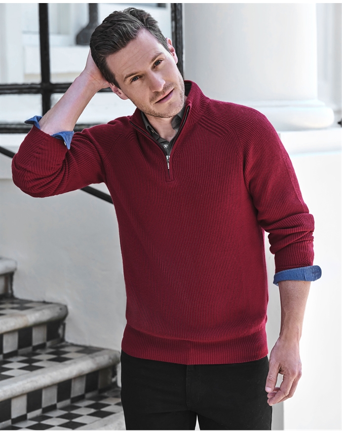 Berry Red | Wool Cashmere Rib Half Zip Sweater | Pure Collection