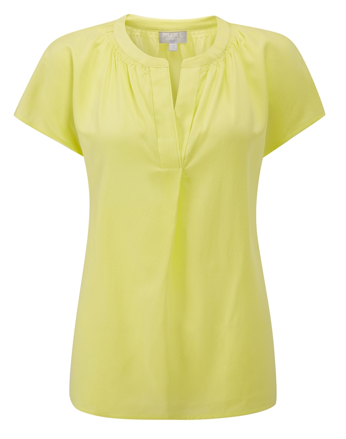 Bright Lime | Silk Open Neck Blouse | Pure Collection