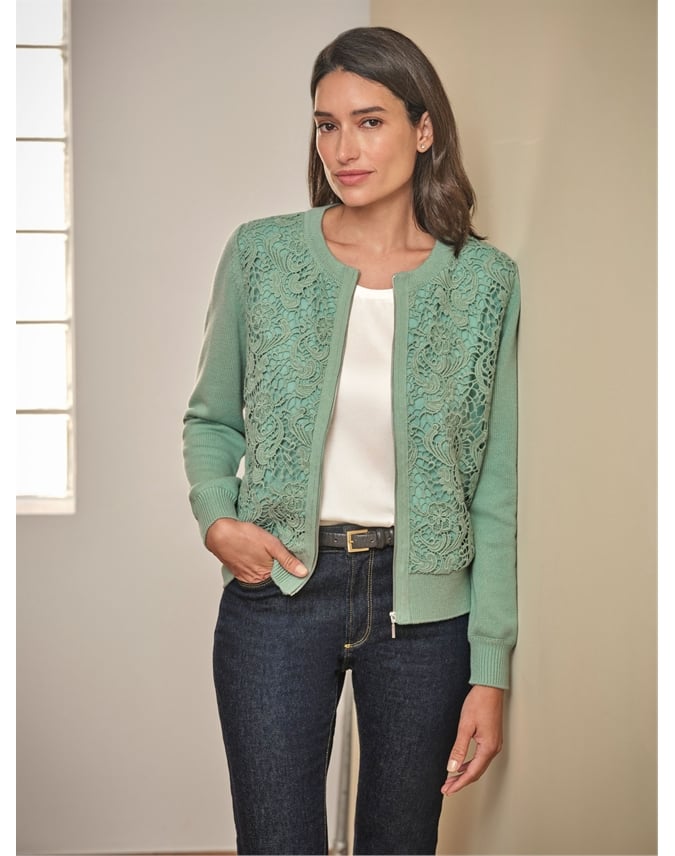 Wool Blend Lace Zip Cardigan