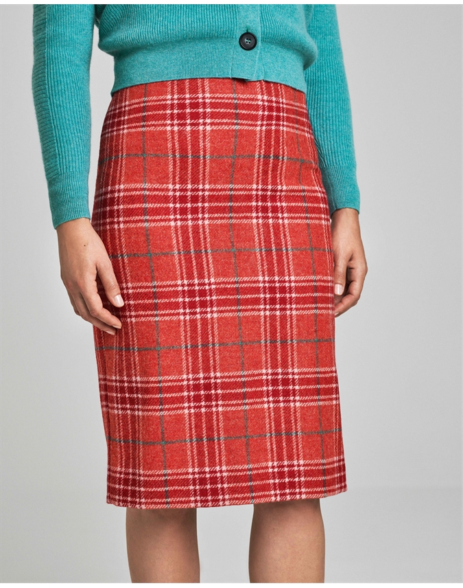 Red Check, Wool Pencil Skirt