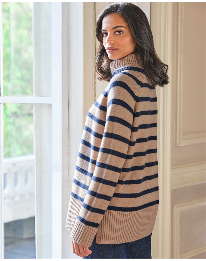 Wool Cashmere Striped Roll Neck Sweater