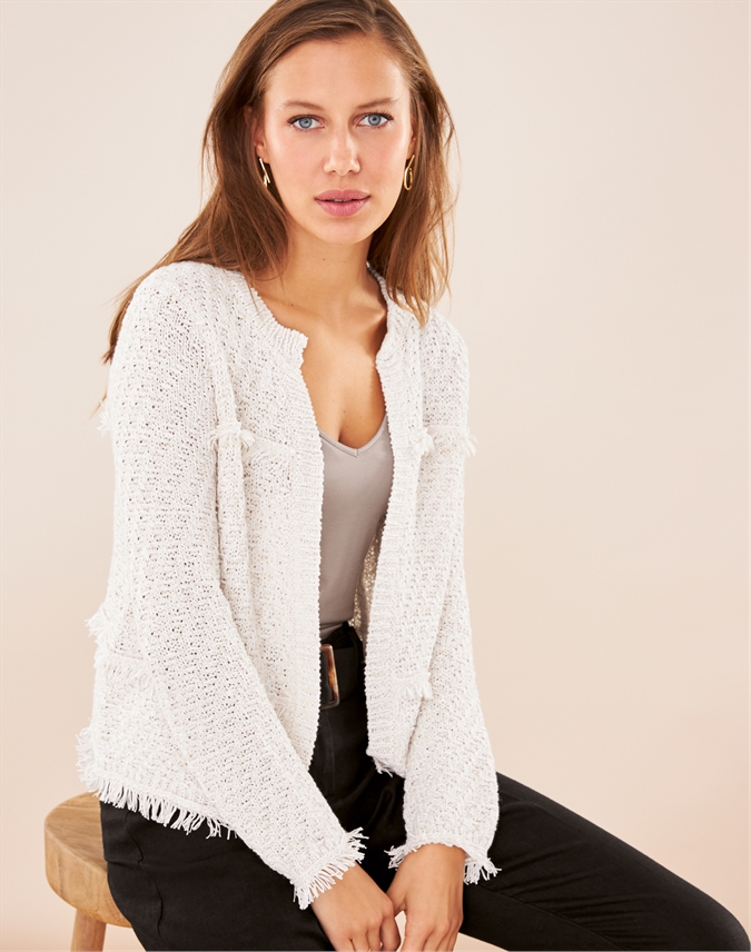 Neutral/White | Fringed Knitted Jacket | Pure Collection