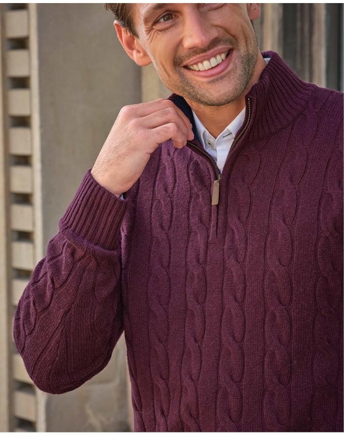 Mens Cashmere Blend Half Zip Cable Sweater