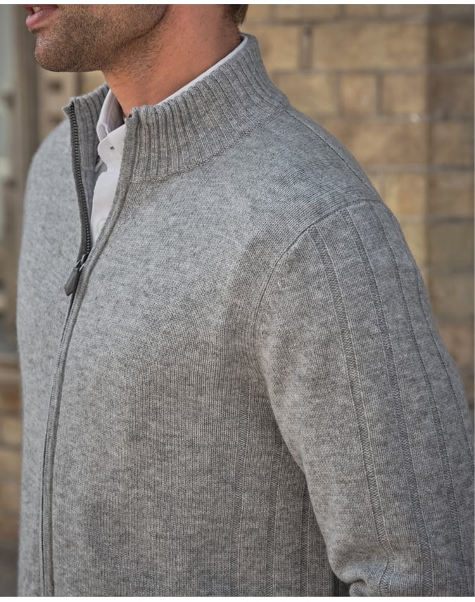 Wool Cashmere Ribbed Zip Through