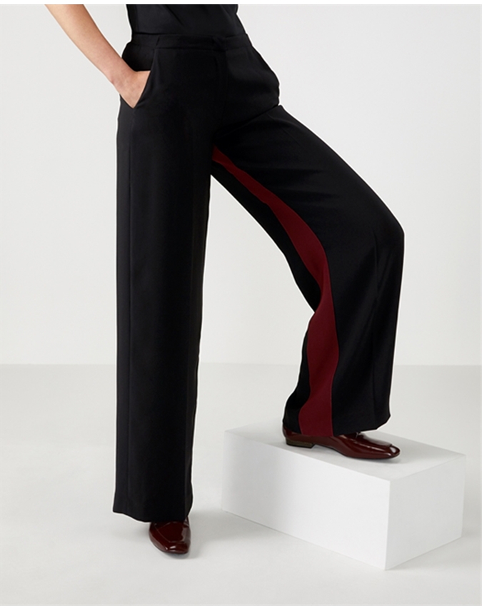 Black/Burgundy | Wide Leg Stripe Detail Trouser | Pure Collection