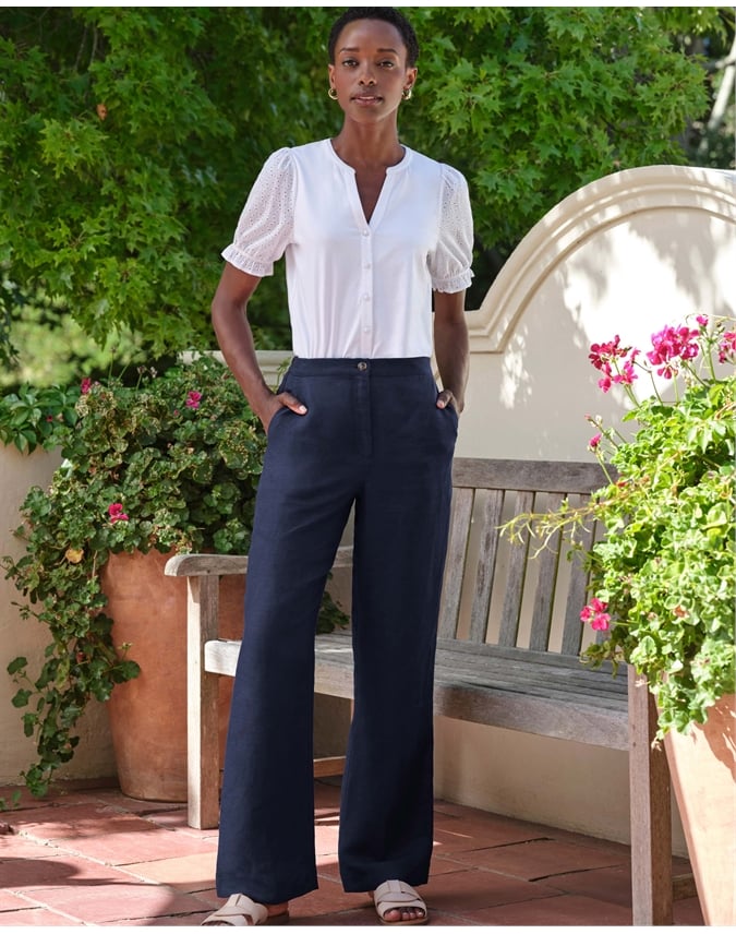 Linen Blend Wide Leg Trousers