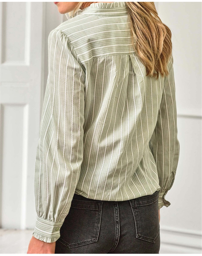 Washed Cotton Poplin Frilled Stand Collar Shirt
