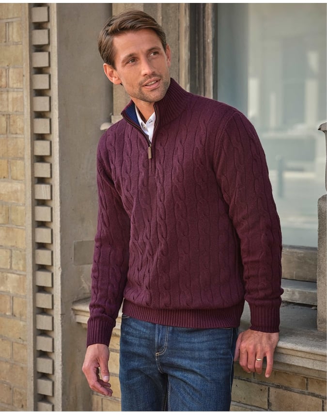 Mens Cashmere Blend Half Zip Cable Sweater