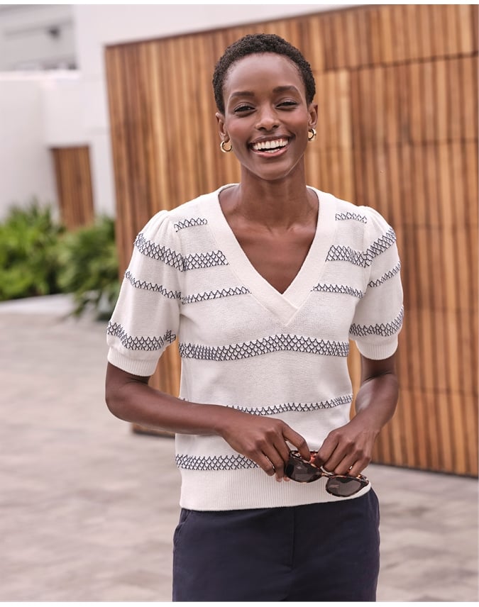 Cotton Short Sleeve Puff Stripe Sweater