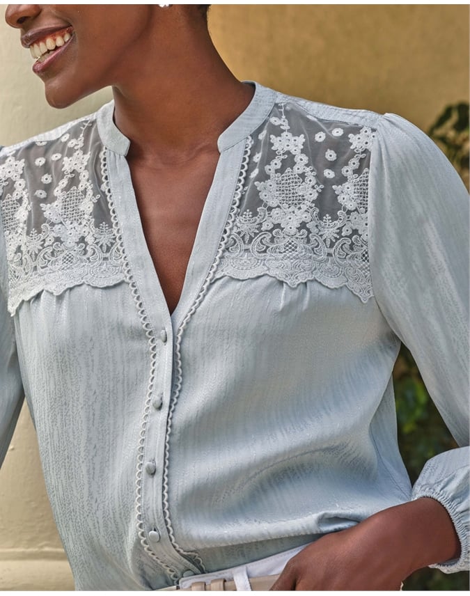 Notch Neck Lace Trim Blouse