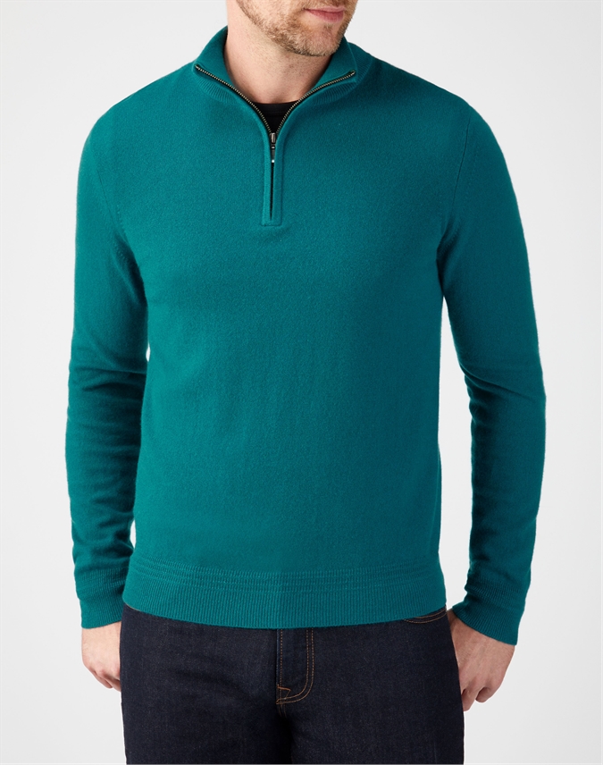 Forest Green | Mens Cashmere Zip Neck Sweater | Pure Collection