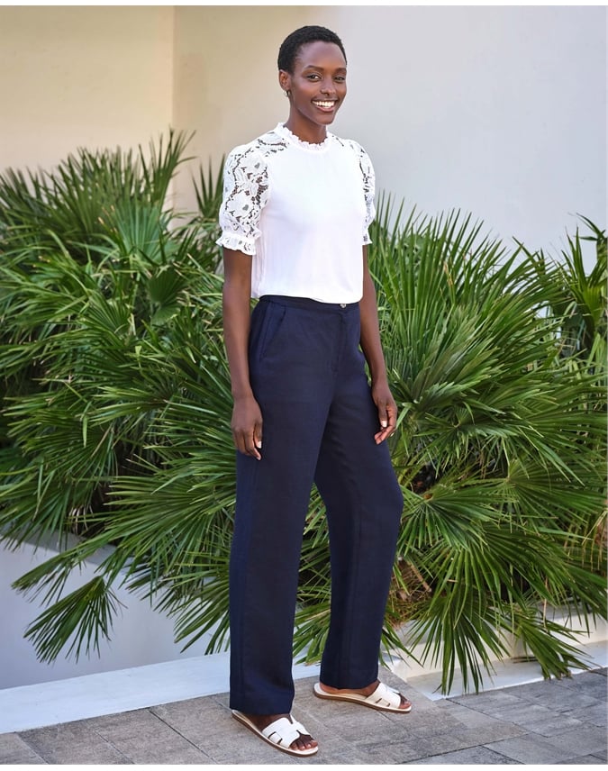 Linen Blend Wide Leg Trousers