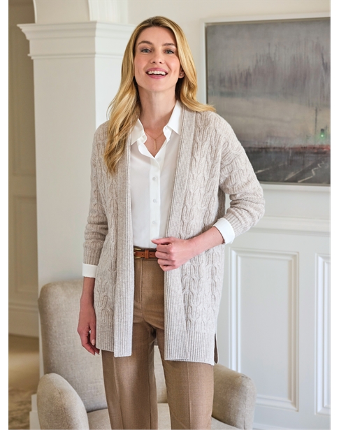 Wool Cashmere Cable Open Cardigan