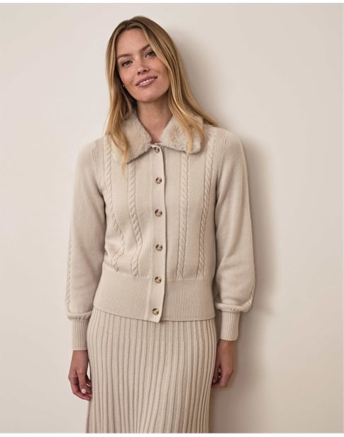 Wool Cashmere Fur Trim Cable Cardigan
